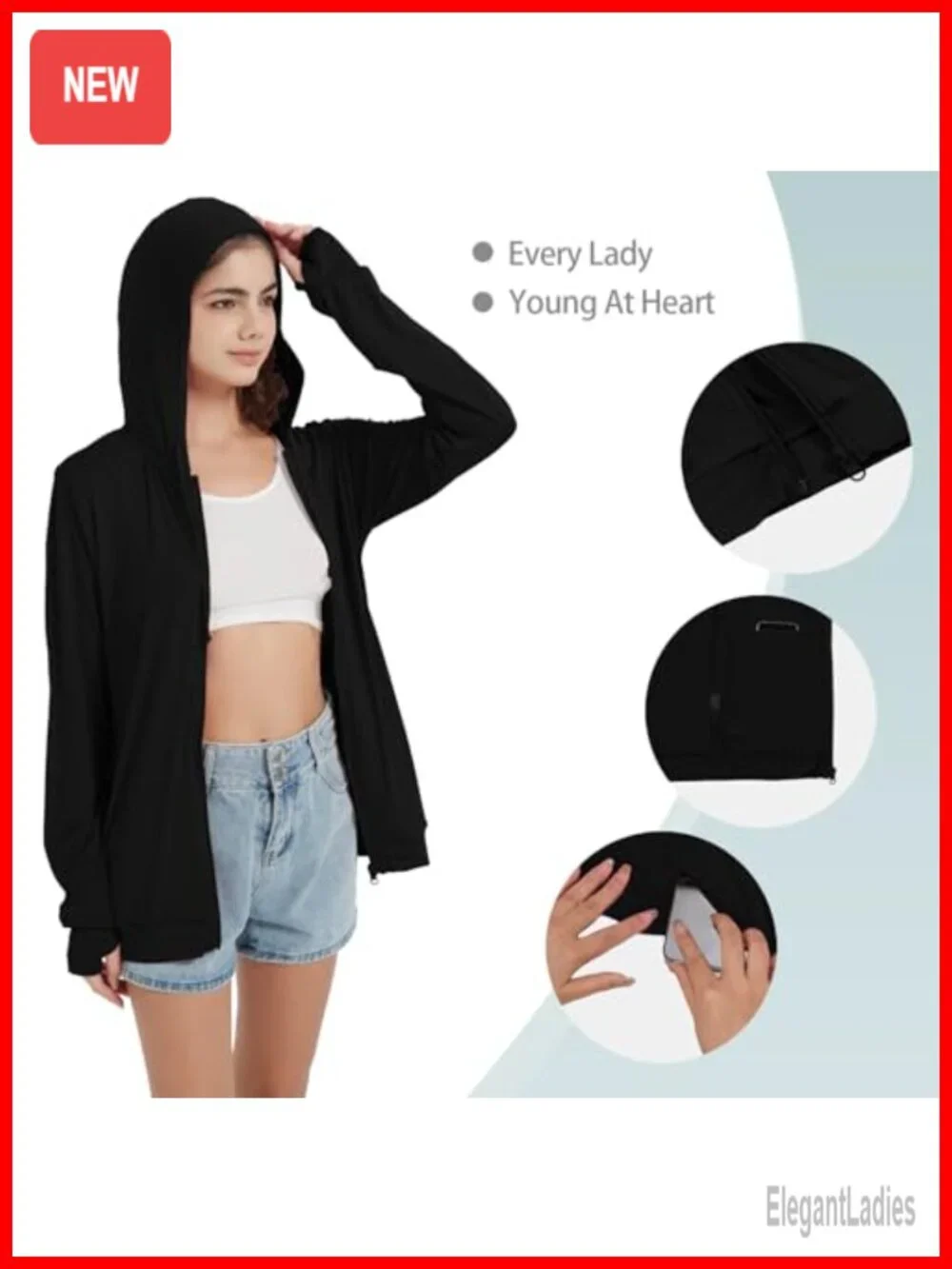 Lightweight Zip Up Hoodie with Thumb Holes, Foldable, Rayon Spandex